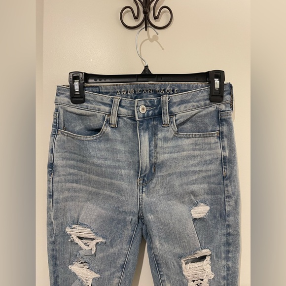 American Eagle Blue Distressed Super High Rise Jegging Jeans Next Level Stretch - Picture 2 of 7